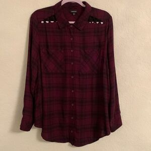 Torrid Flannel Plaid Wine Black Button Long Sleeve Pockets Shirt Tunic Size 2/12